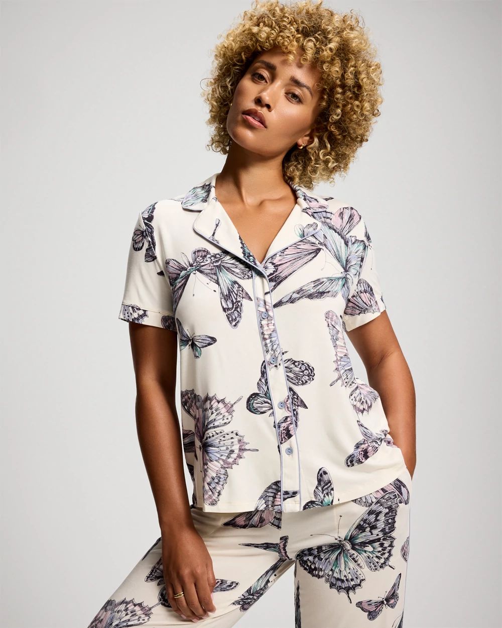 Short Sleeve Notch Collar Pajama Top