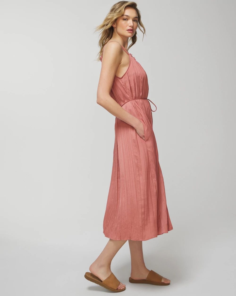 Crinkle Satin Pleated Tie Midi Bra Dress
