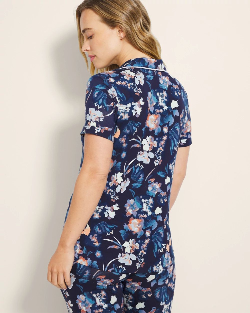 Cool Nights Piped Short Sleeve Notch Collar Pajama Top