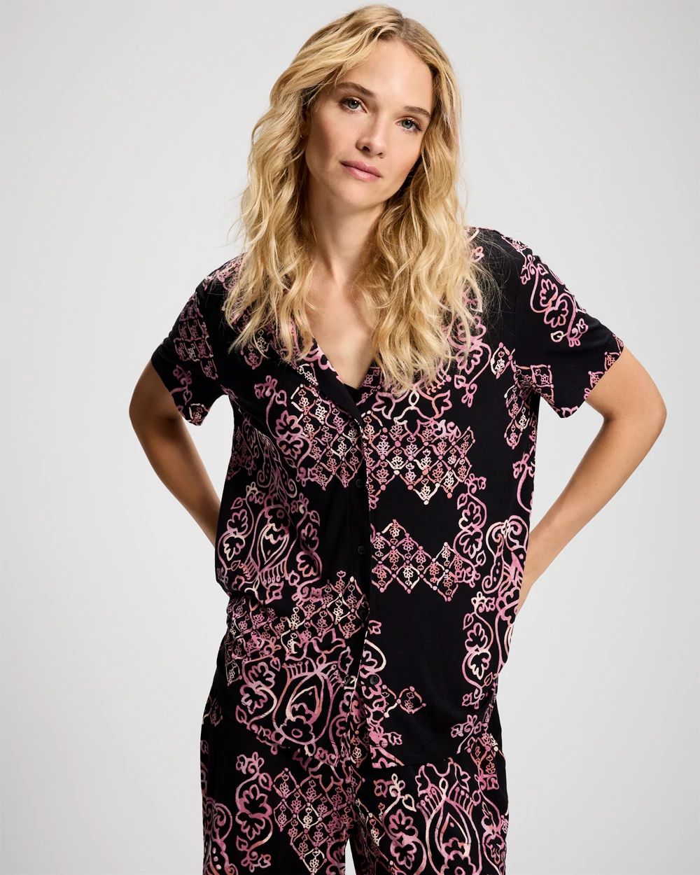 Short Sleeve Notch Collar Pajama Top