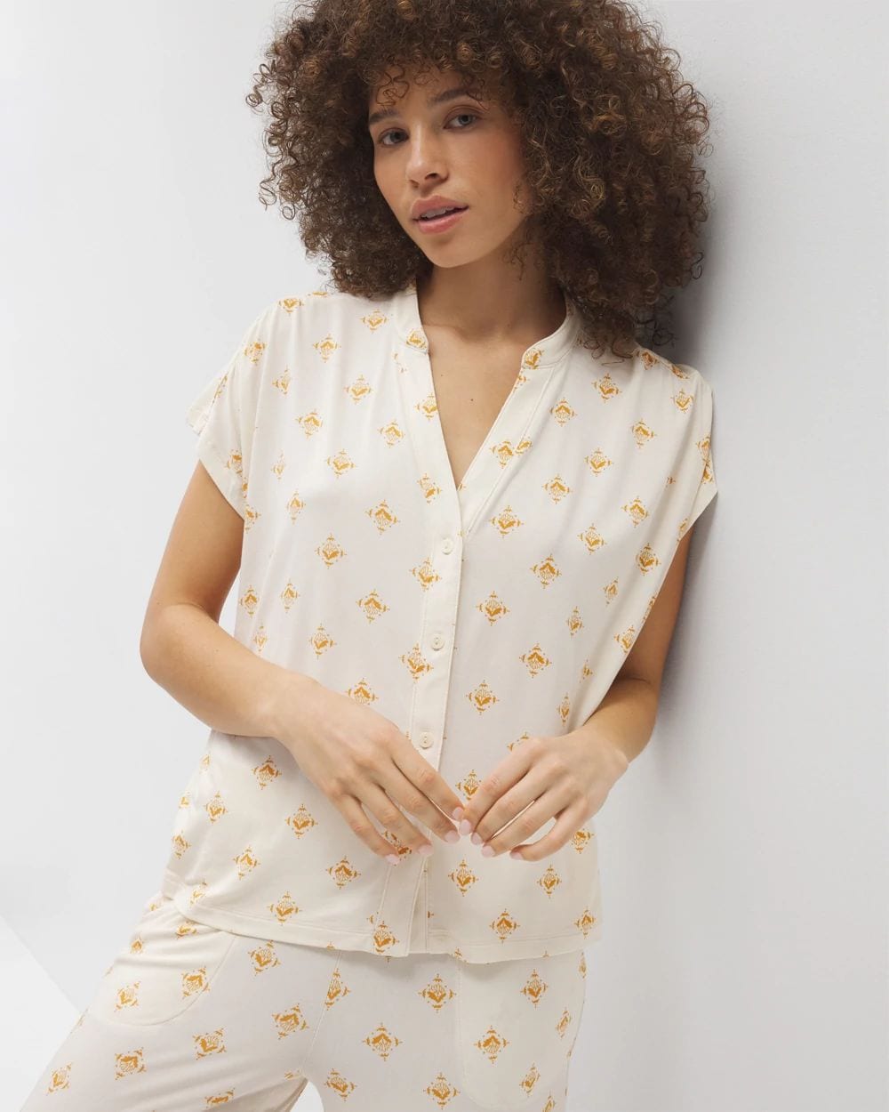 Cool Nights Mandarin Collar Short Sleeve Pajama Top