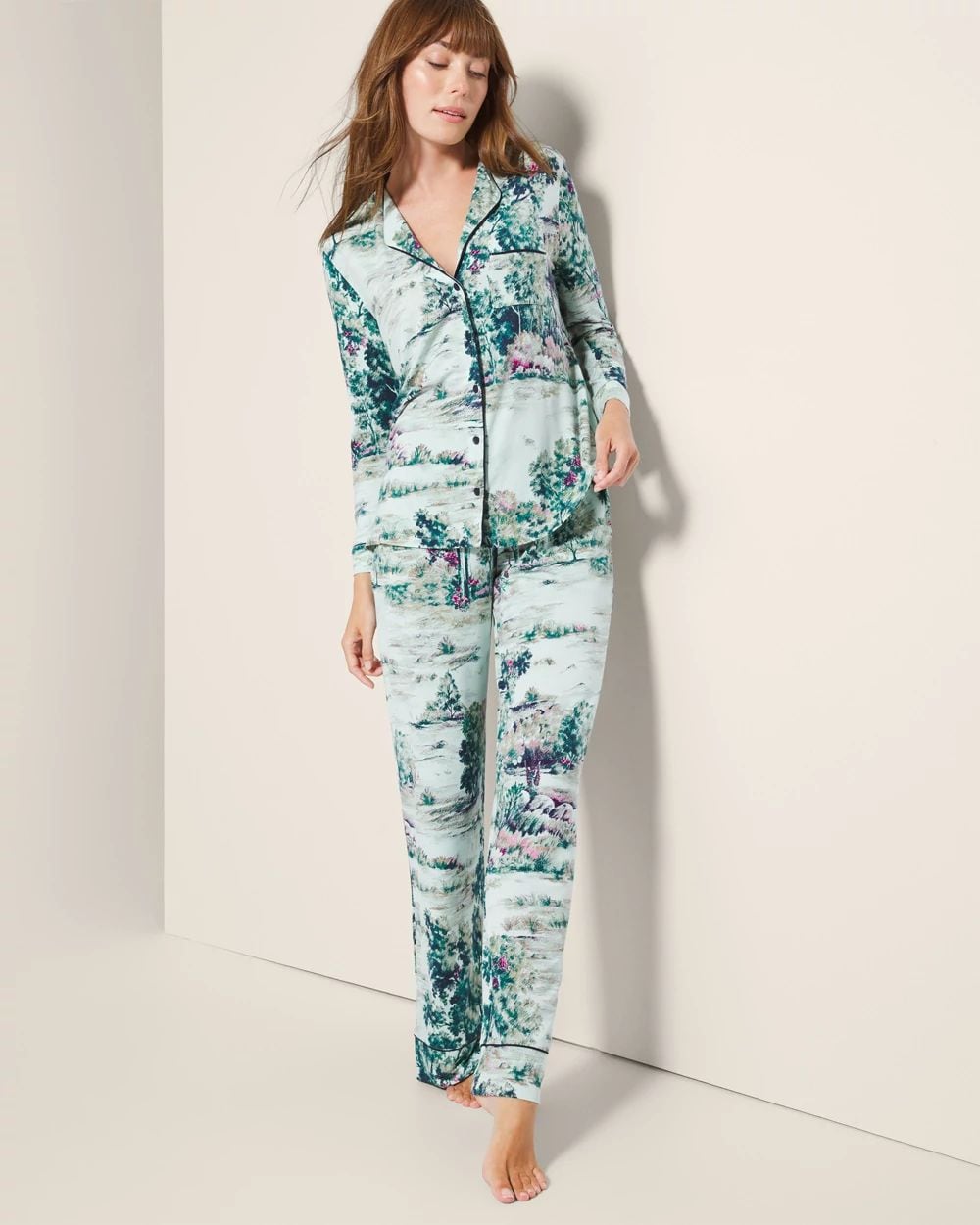 Cool Nights Piped Long-Sleeve Notch Pajama Top