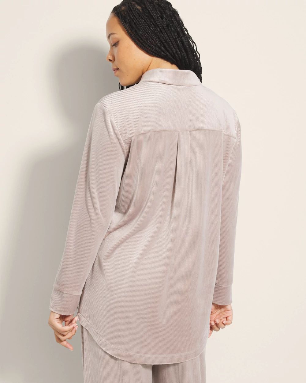 Velvety Ribbed Long-Sleeve Notch Collar Pajama Top