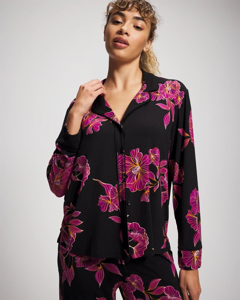 Cool Nights Long Sleeve Notch Collar with Piped Placket Pajama Top