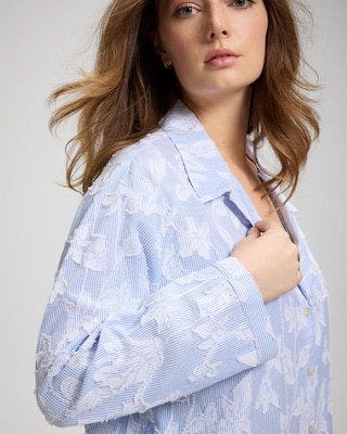 Cotton Striped Jacquard Long-Sleeve Notch Collar Pajama Top click to view larger image.