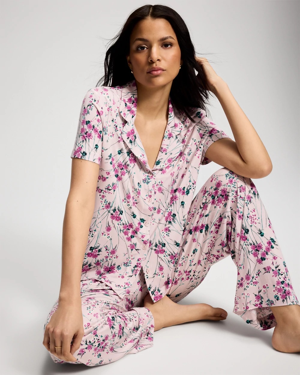 Short Sleeve Notch Collar Pajama Top