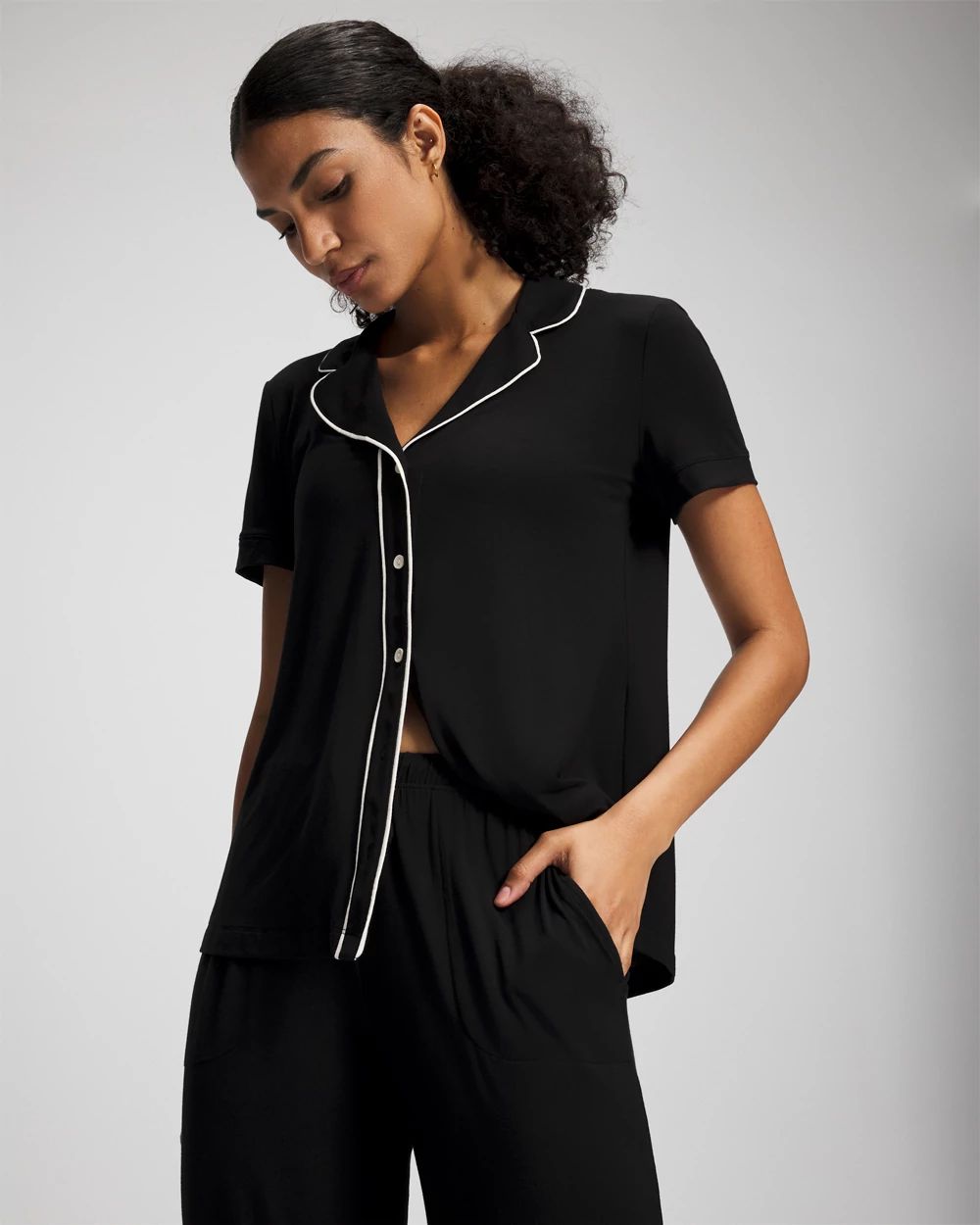 Cool Nights Solid Short Sleeve Notch Collar Pajama Top
