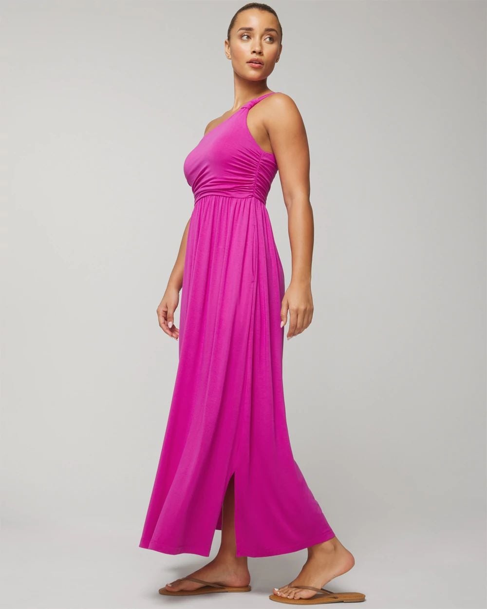 Soft Jersey One-Shoulder Knot Maxi Bra Dress