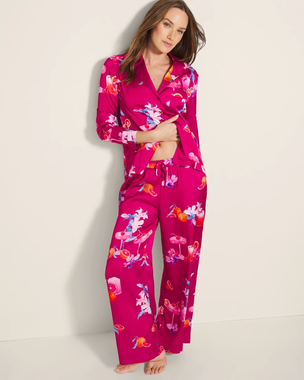Satin Long-Sleeve Notch Collar Pajama Top