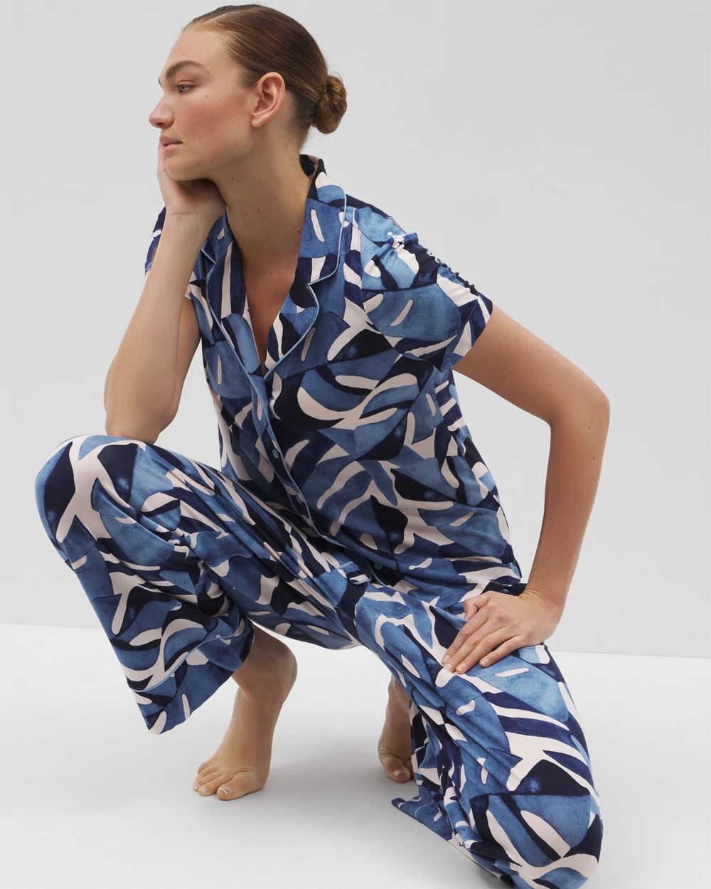 Cool Nights Piped Short Sleeve Notch Collar Pajama Top