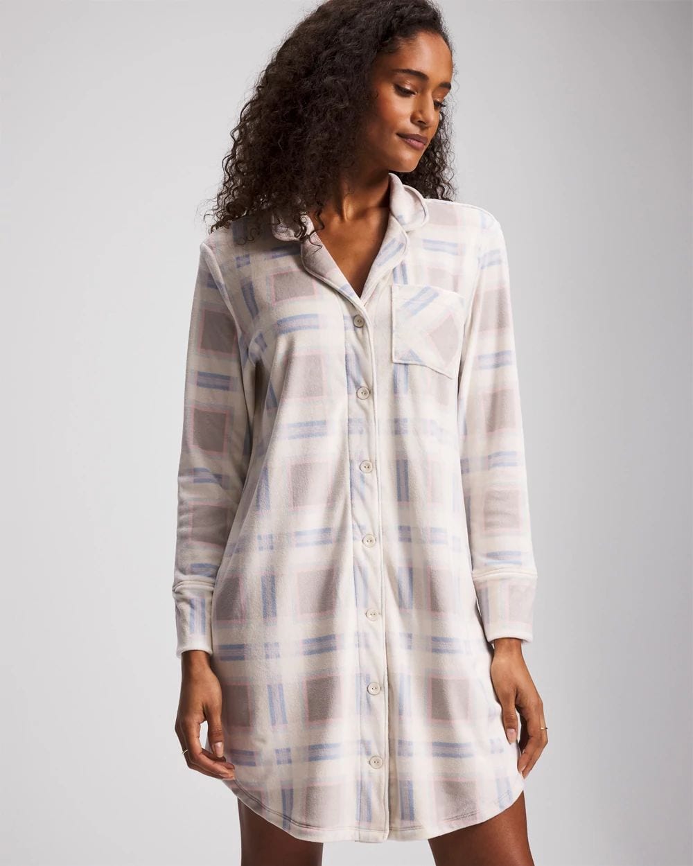 Microfleece Long-Sleeve Notch Collar Sleepshirt
