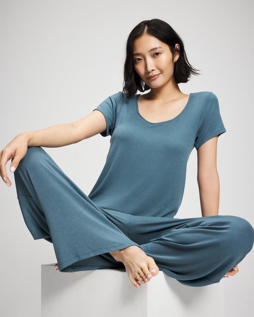 Lightweight Rib Knit Wide Leg Pajama Pants click to view larger image.