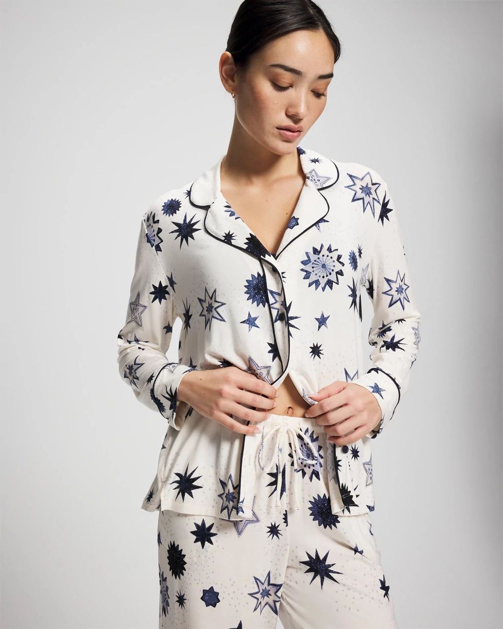 Cool Nights Long Sleeve Notch Collar with Piped Placket Pajama Top