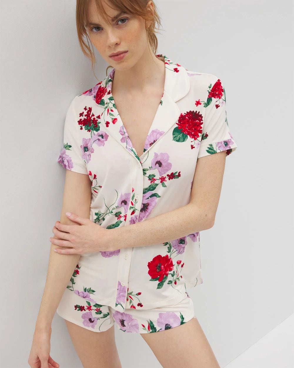 Piped Short Sleeve Notch Collar Pajama Top click to view larger image.