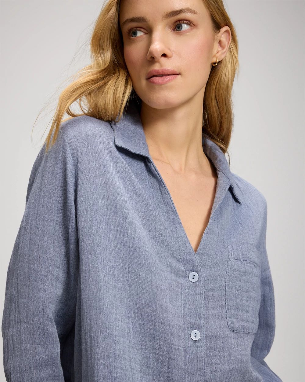 Cotton Gauze Long Sleeve Notch Collar Pajama Top