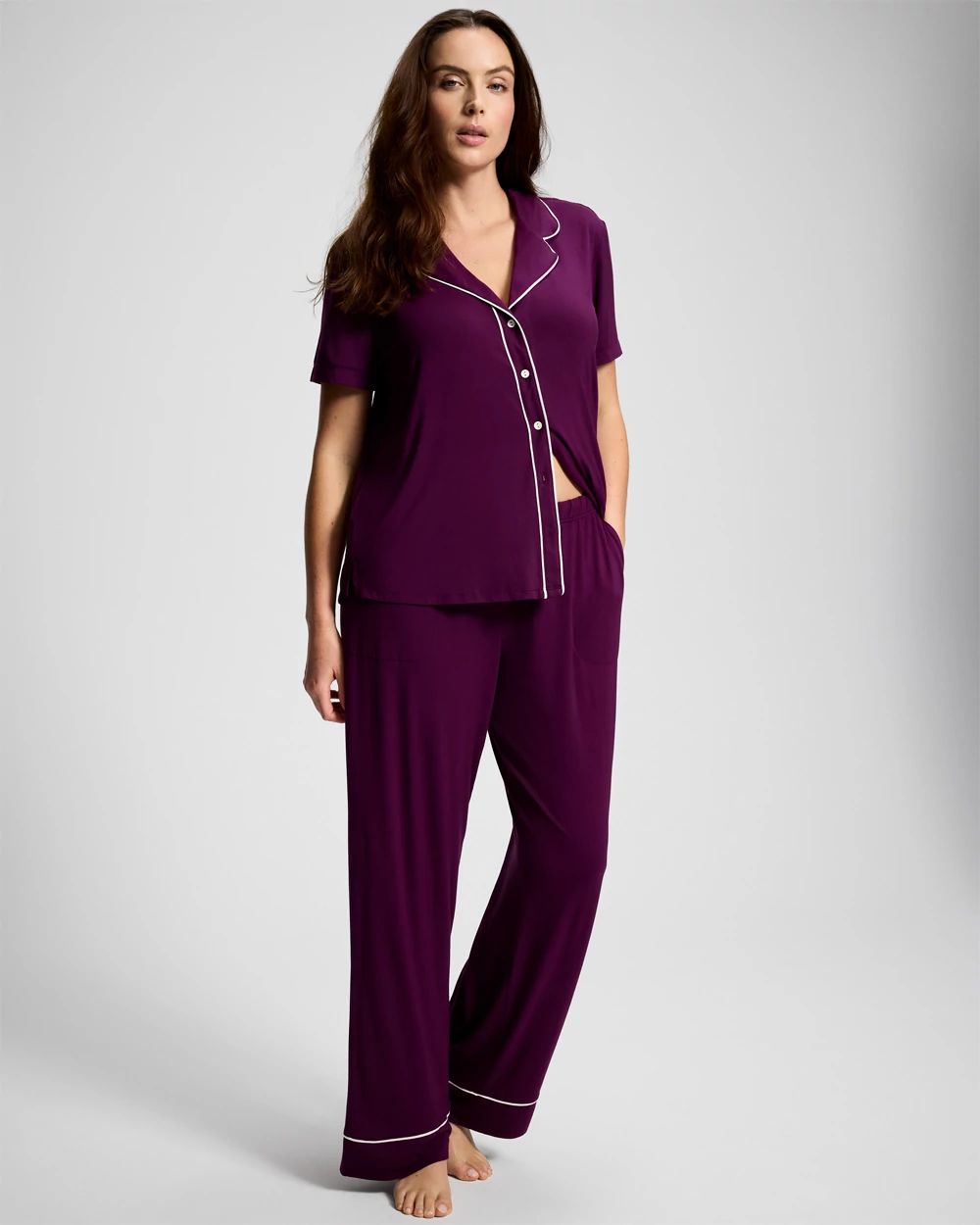 Piped Short Sleeve Notch Collar Pajama Top click to view larger image.