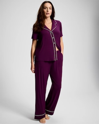 Piped Short Sleeve Notch Collar Pajama Top click to view larger image.