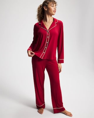 Long Sleeve Notch Collar w/ Piped Placket Pajama Top click to view larger image.