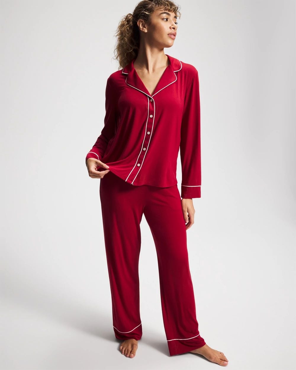 Long Sleeve Notch Collar w/ Piped Placket Pajama Top click to view larger image.