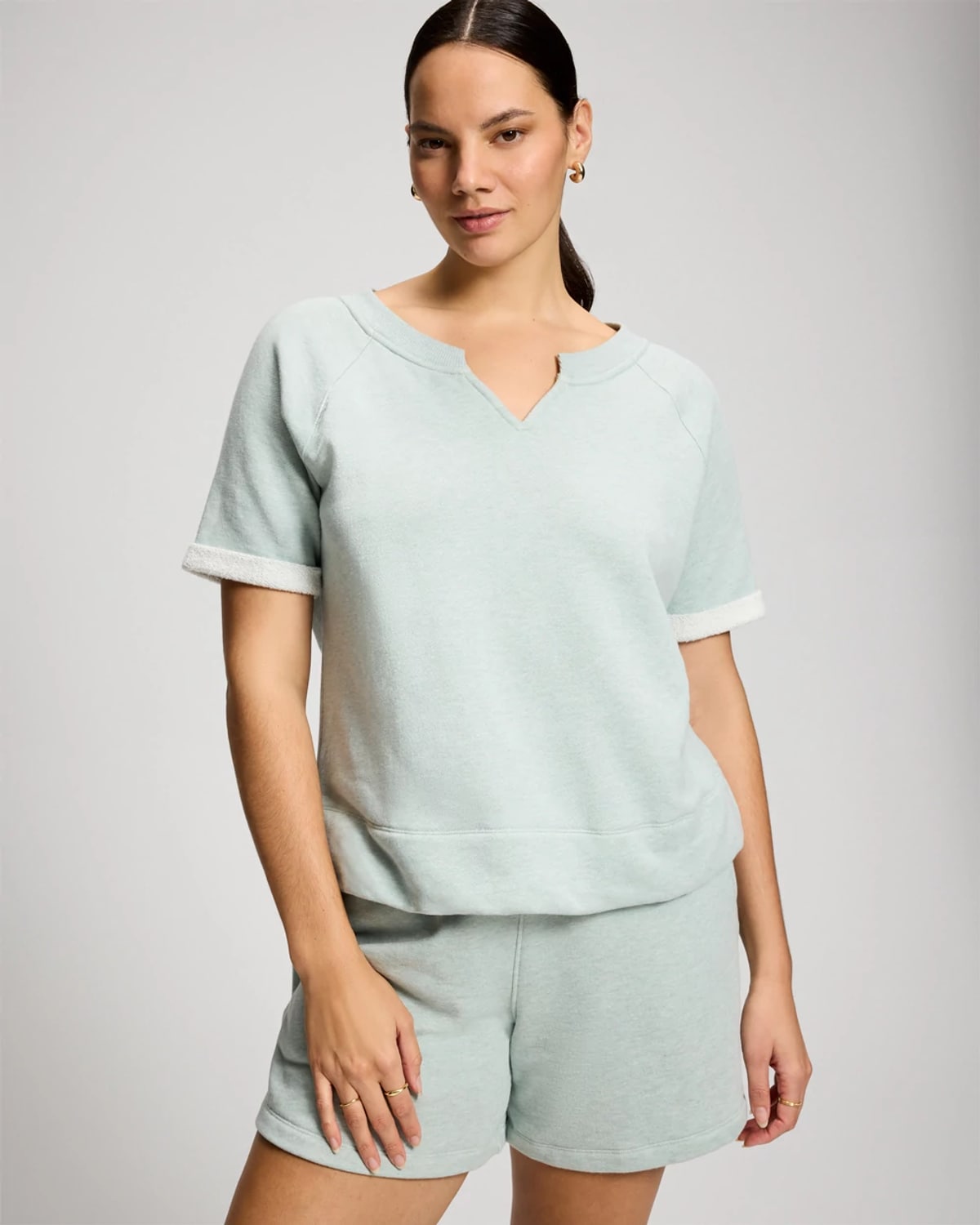 Soma Women's Cotton Terry Relaxed Short Sleeve Sweatshirt In Green Size Xs | In Heather Cool Mint