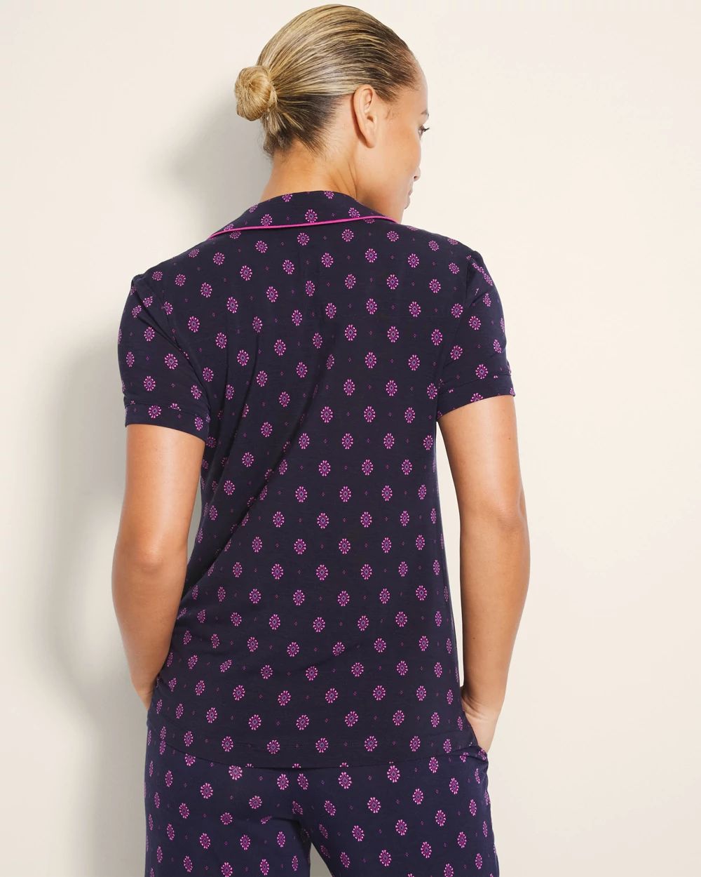 Cool Nights Piped Short Sleeve Notch Collar Pajama Top