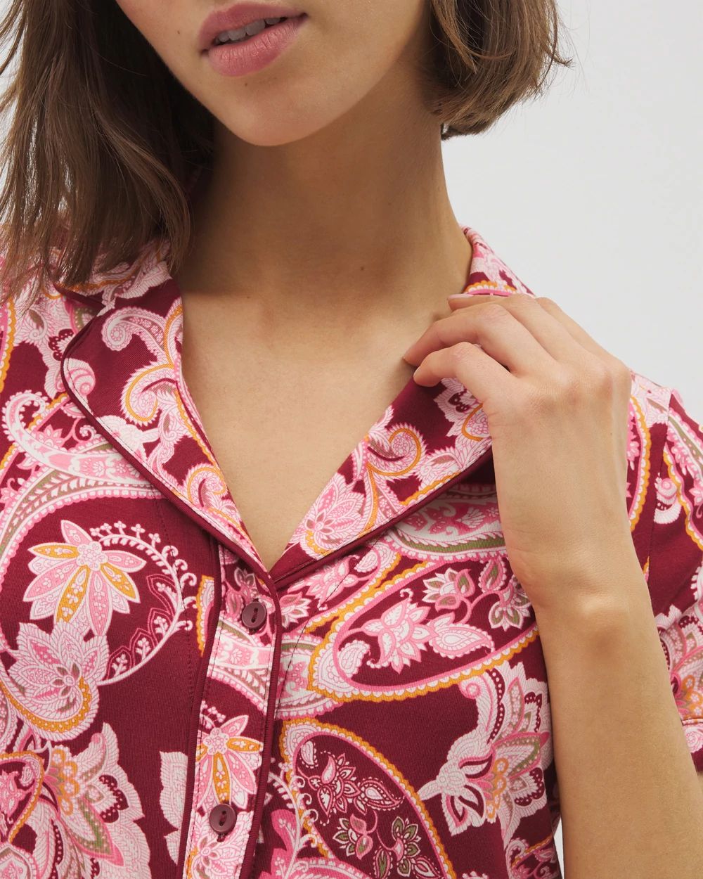 Cool Nights Piped Short Sleeve Notch Collar Pajama Top
