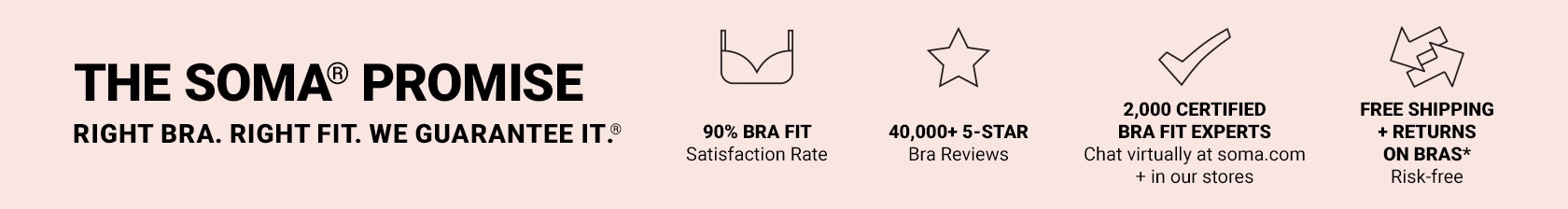 The Soma Promise. Right Bra. Right Fit. We Guarantee It. 90% Bra Fit satisfaction rate. 40,000+ 5-star Bra reviews. 2,000 certified bra fit experts. Free shipping + returns on bras.